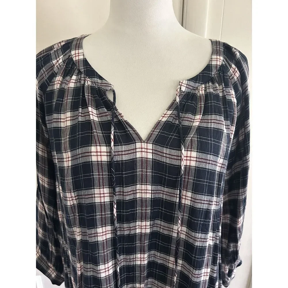 Ann Taylor LOFT Plaid Henley Peasant 3/4 Length Sleeve Blouse Size Small - Picture 2 of 7